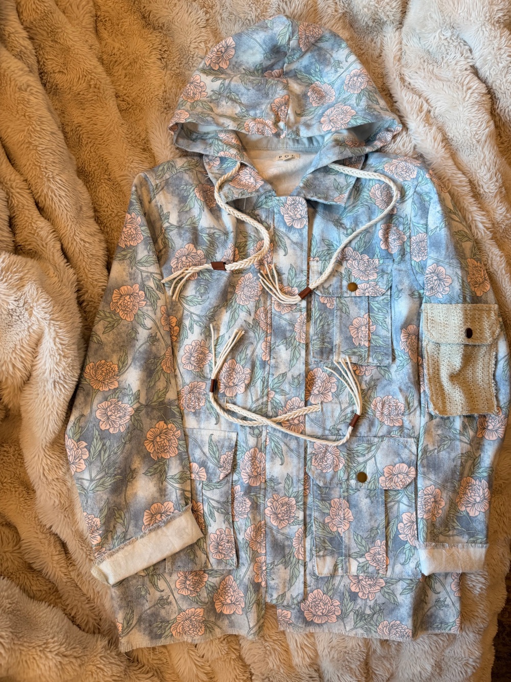 POL NWOT Light Blue Hoodie with Pink Floral Print